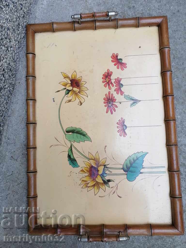 Delivery of Old hand-painted bamboo tray 50/39cm casserole early 20th century Delivery of Old hand-painted bamboo tray 50/39cm casserole early 20th century
