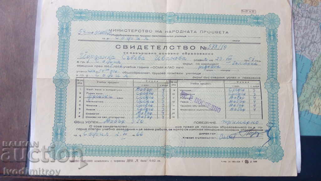 Certificat pentru învățământul primar finalizat Sofia 1966
