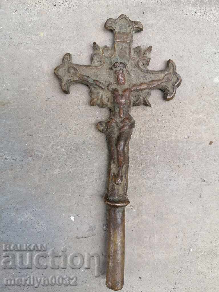 Възрожденски бронзов  обреден кръст, разпятие просфор