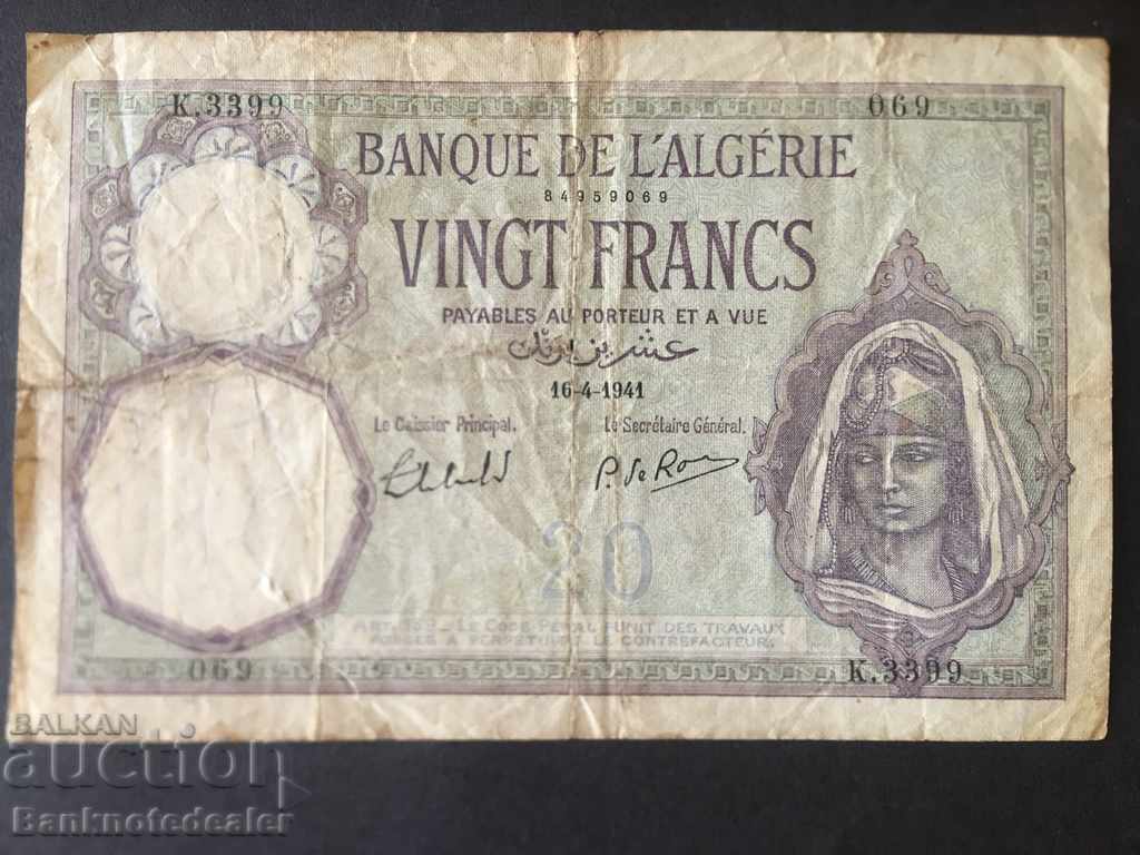 Algeria 20 Franci 1941 Pick 78 Ref 3399