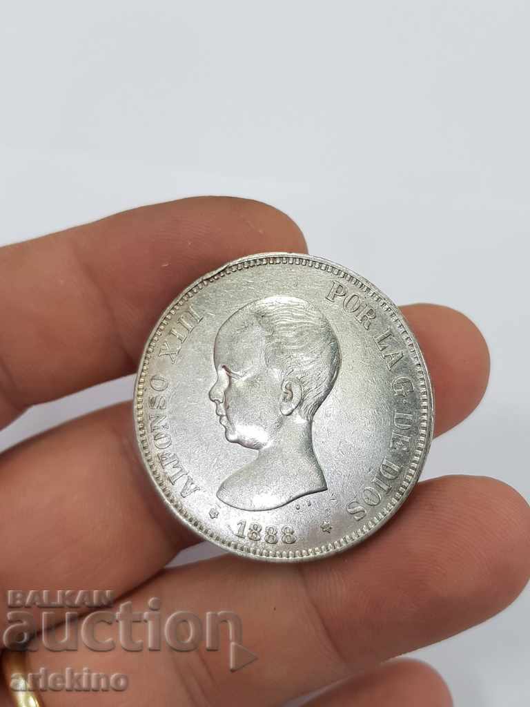 Σπάνιο ασημένιο νόμισμα 5 πεσέτες 1888 με τιμή 135.00 BGN | € 69.02 Σπάνιο ασημένιο νόμισμα 5 πεσέτες 1888 με τιμή 135.00 BGN | € 69.02