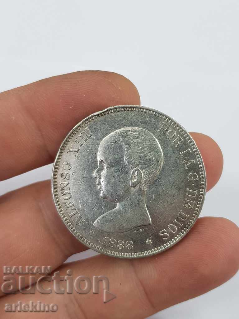 Monedă de argint rară 5 pesete 1888