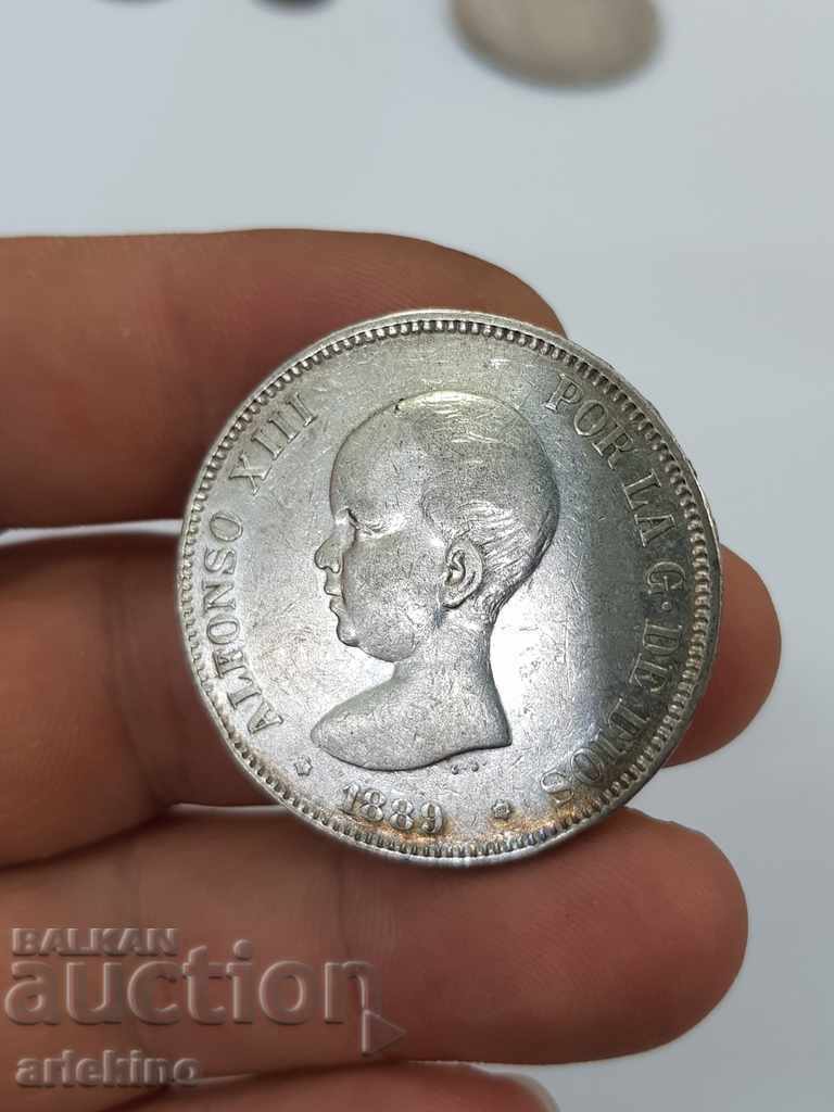Auction Rare silver coin 5 pesetas 1889 Auction Rare silver coin 5 pesetas 1889