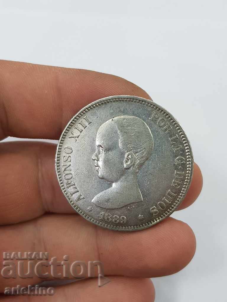 Monedă de argint rară 5 pesete 1889