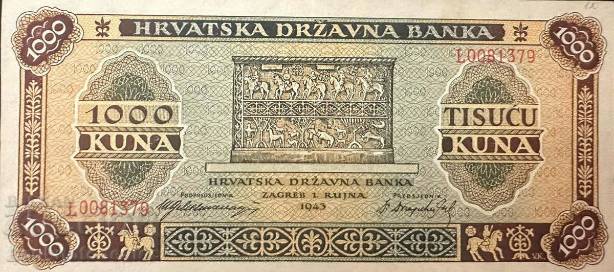 Croația Hrvatska 1000 Kuna 1943 Pick 12 Ref 1379 Unc