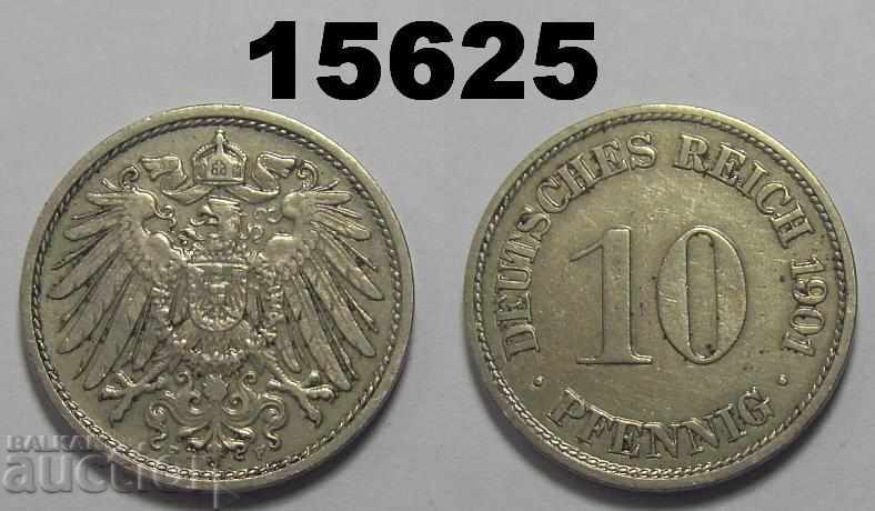 Германия 10 пфенига 1901 F Лакирана Рядка Отлична