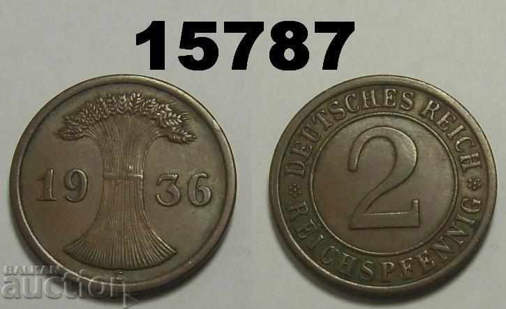 Germany 2 Reich Pfennig 1936 E XF + / AU RARE