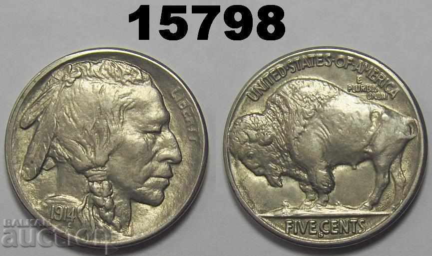 Rare SUA 5 cenți 1914 S Monedă minunată
