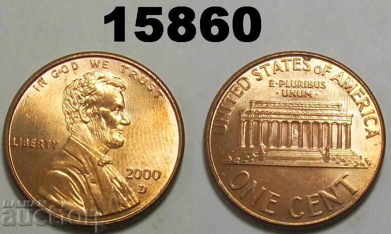 SUA 1 cent 2000-D TOP RED-UNC Monedă minunată