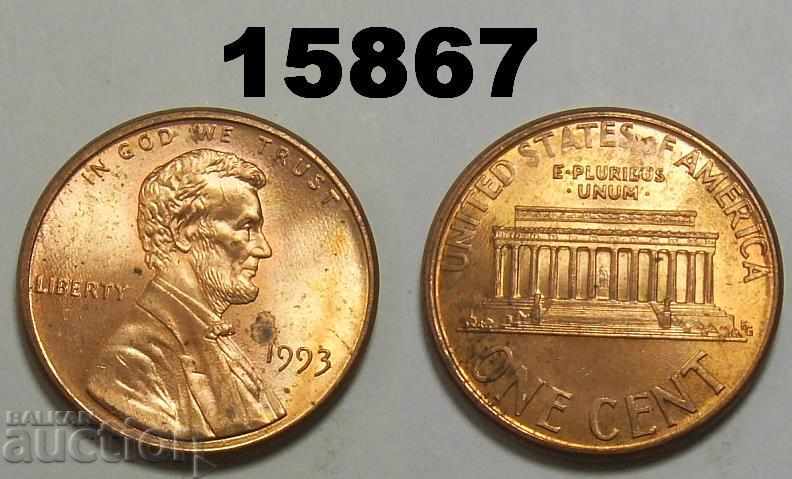 САЩ 1 цент 1993 TOP RED-UNC Прекрасна монета