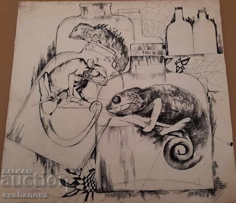 Картина Ина Тъмнева Хамелеони гущери рисунка туш 1983г.