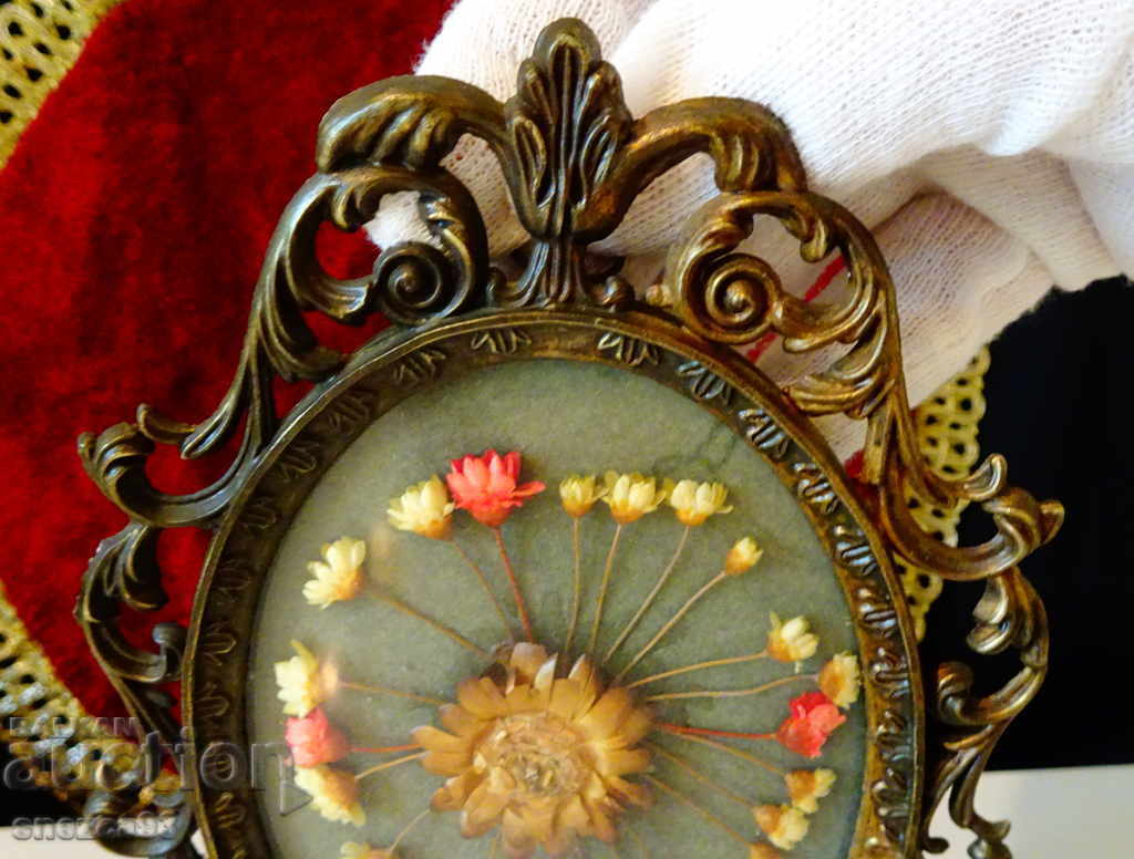 Delivery of Antique panel of dried flowers, bronze frame, baroque.