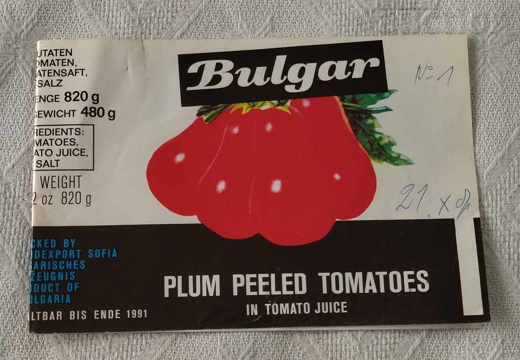 TOMATOES PEELED IN SAUCE EXPORT BULGARCONSERV LABEL 1990