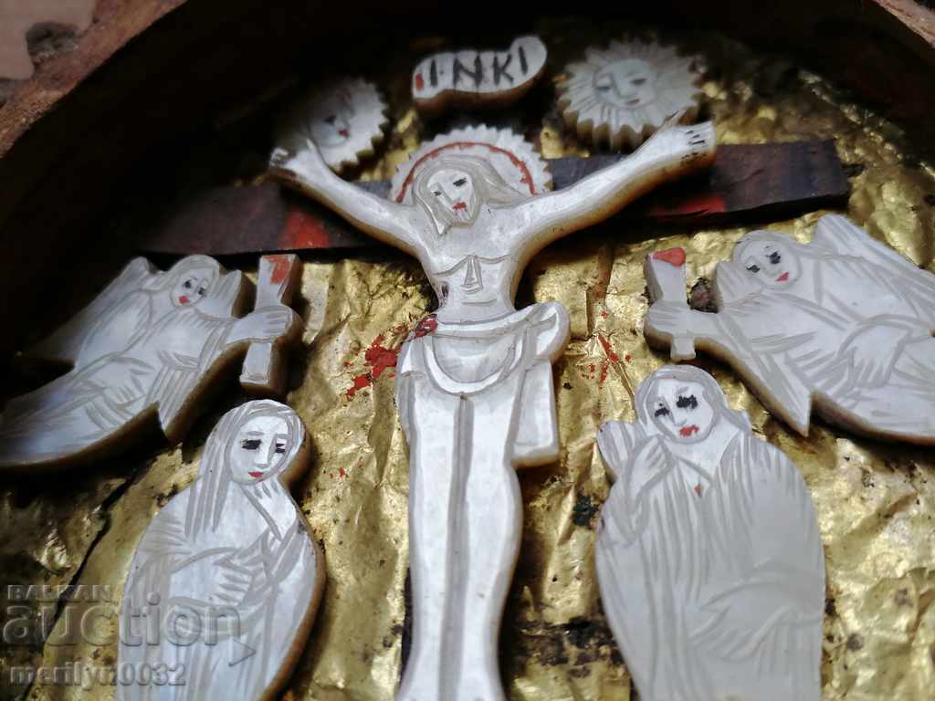 Homemade Renaissance icon wood mother-of-pearl glass 19th century ORIGINAL - 5 Homemade Renaissance icon wood mother-of-pearl glass 19th century ORIGINAL - 5