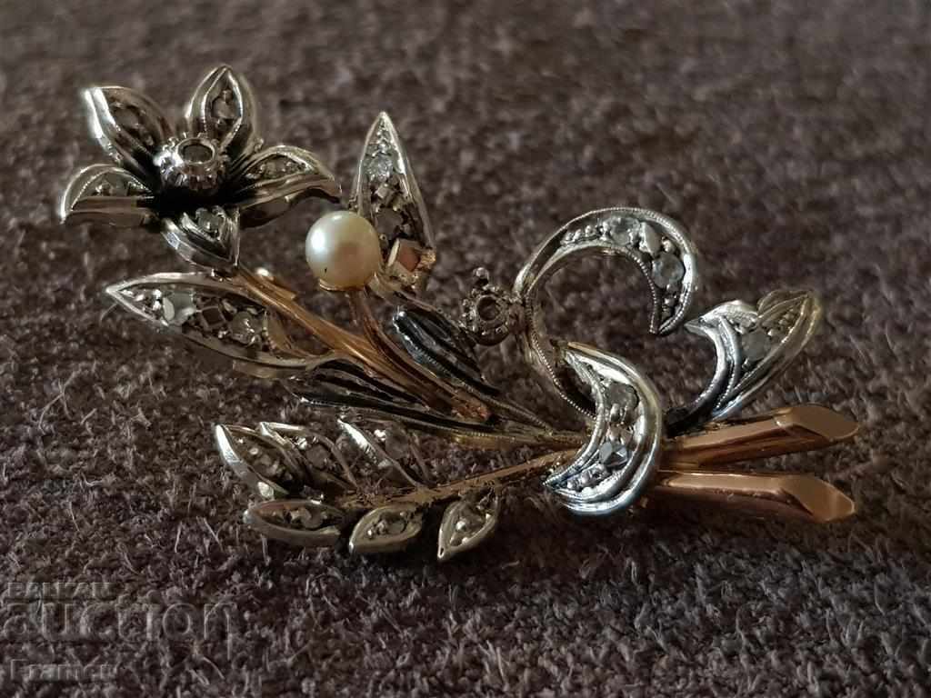 Broșă antică din aur cu perle de diamant și argint Art Novo cu preț 1200.00 BGN | € 613.55
