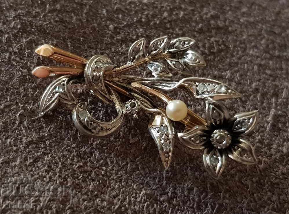Licitație Broșă antică din aur cu perle de diamant și argint Art Novo