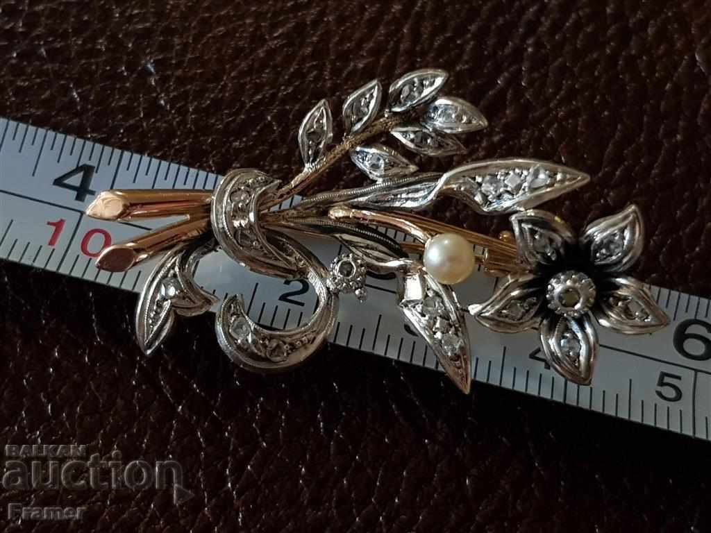 Broșă antică din aur cu perle de diamant și argint Art Novo - 7