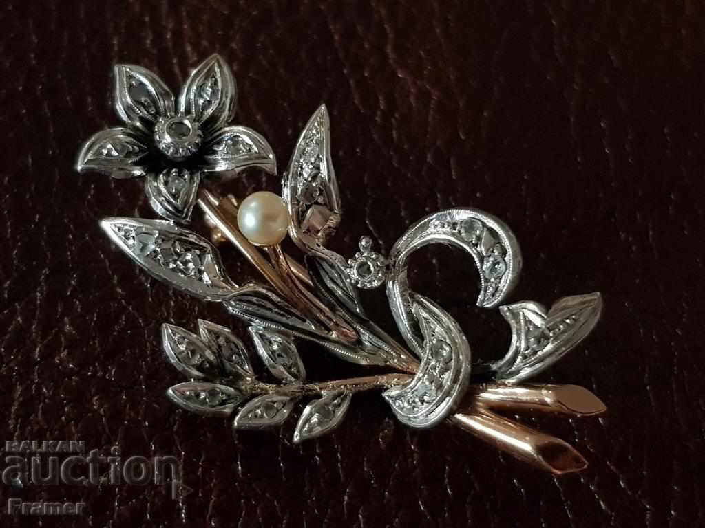 Gold with diamond pearl and silver antique brooch Art Novo