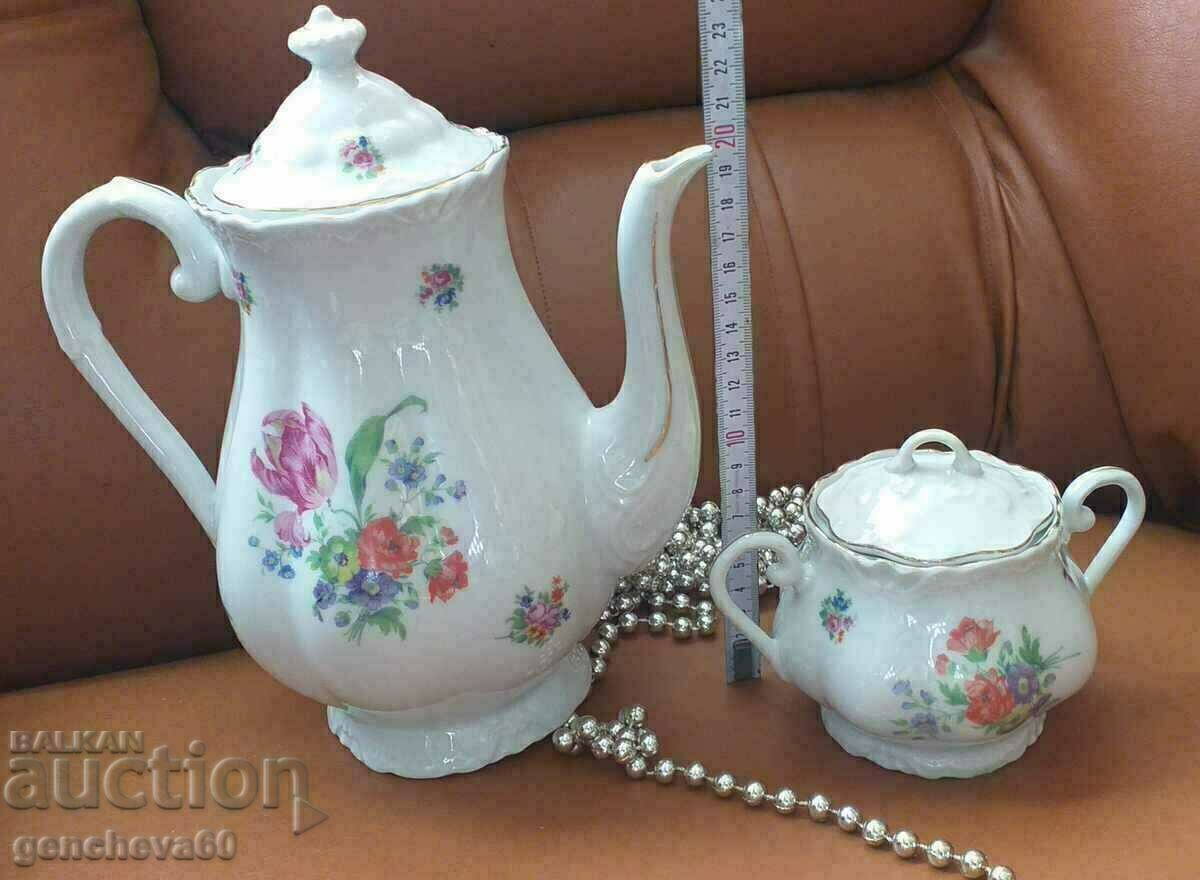 Antique jug and sugar bowl, porcelain with floral motifs