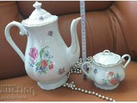 Antique jug and sugar bowl, porcelain with floral motifs
