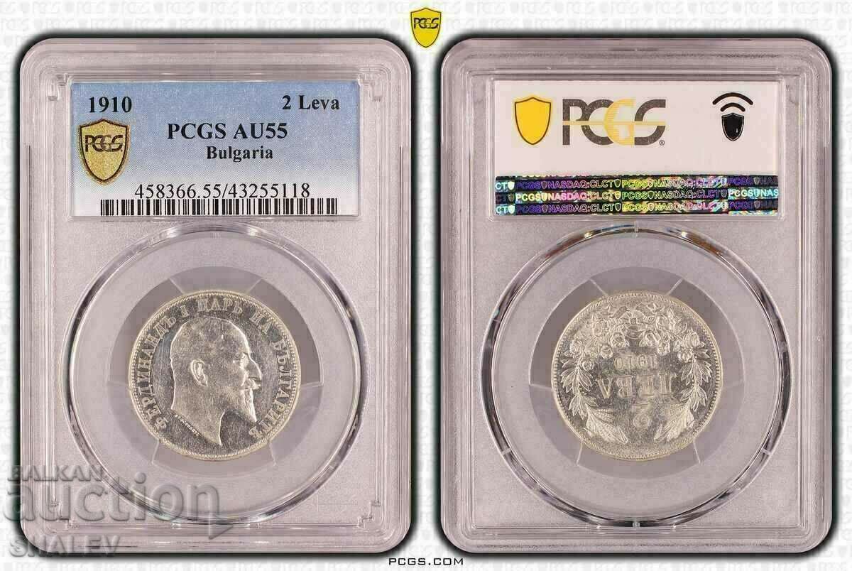 2 BGN 1910 Regatul Bulgariei - PCGS AU55.