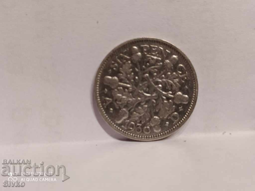 Coin Great Britain 6 pence, 1936 silver 500 with price 9.99 BGN | € 5.11 Coin Great Britain 6 pence, 1936 silver 500 with price 9.99 BGN | € 5.11