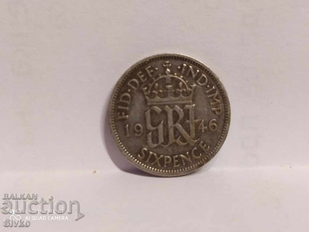 Монета Великобритания 6 пенса, 1946 сребро 500