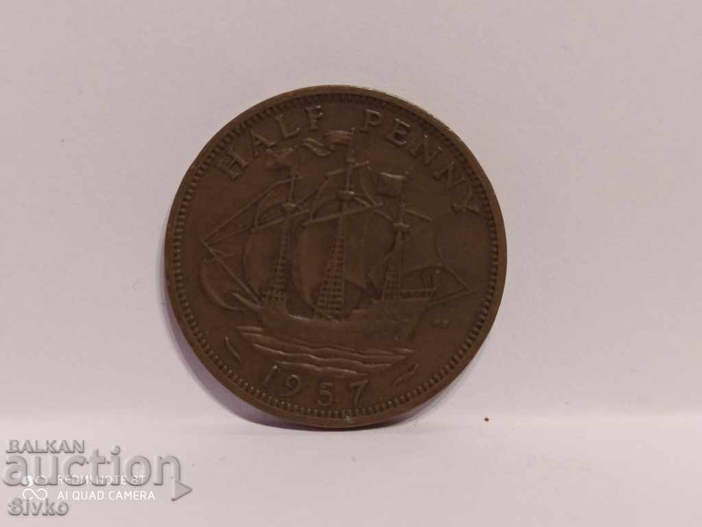Coin UK half penny 1957 with price 0.79 BGN | € 0.40
