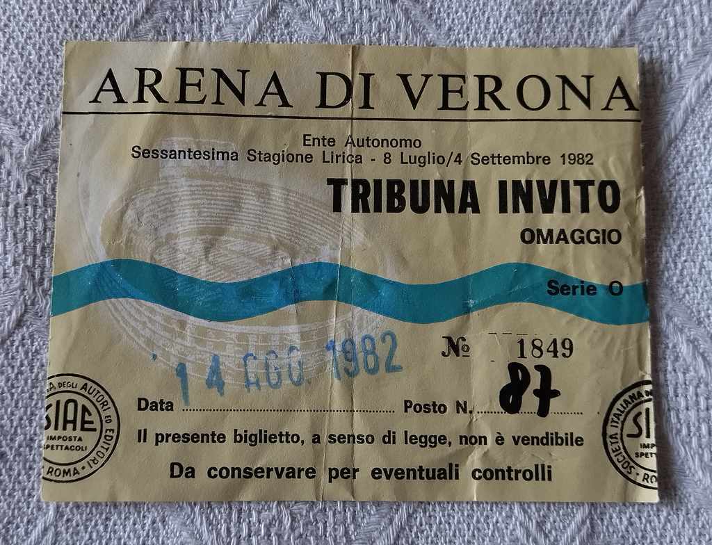 ARENA DI VERONA БИЛЕТ ИТАЛИЯ СЕПТЕМВРИ 1982