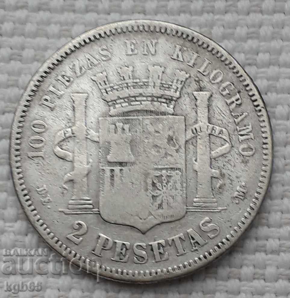 2 pesetas 1870 Spain. # 4