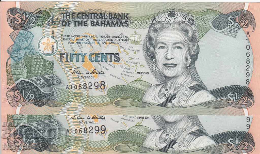 50 cents 2001, Bahamas (2 banknotes with serial numbers)