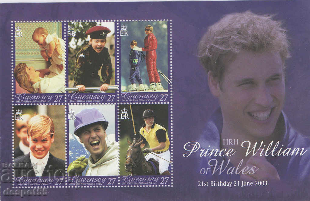 2003. Guernsey. 21 de ani de la nașterea prințului William. Bloc.