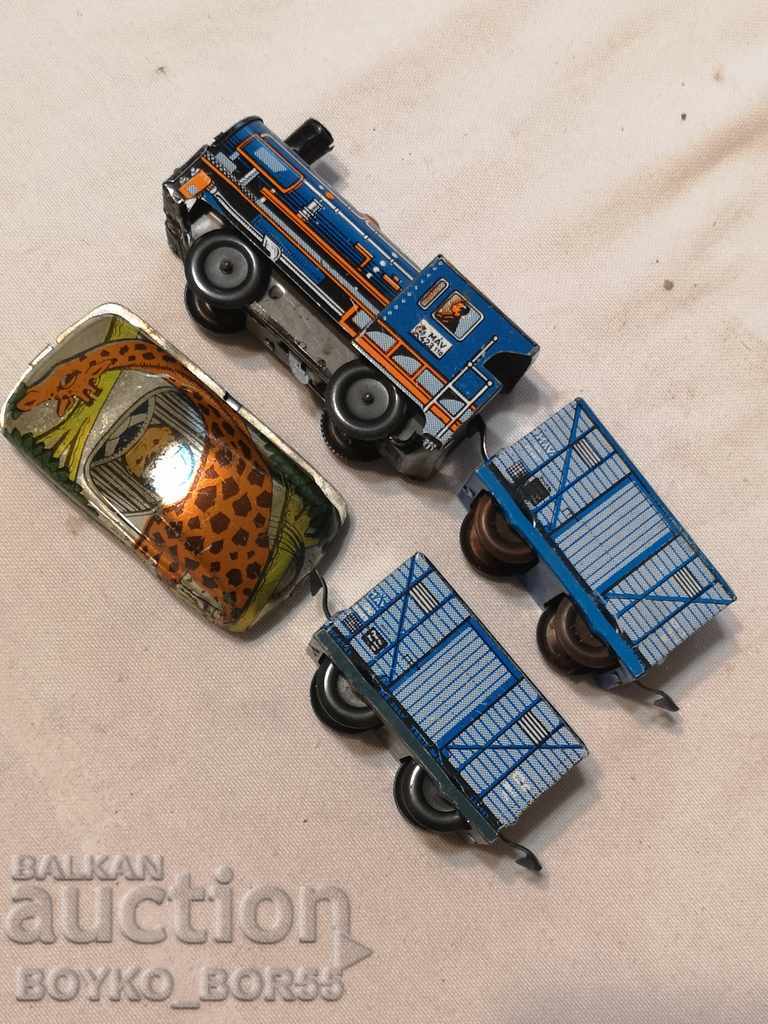 Tren de jucării vintage din tablă pentru copii cu vagoane și mașină