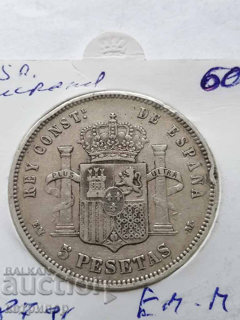 5 Pesetas Spain silver 1879