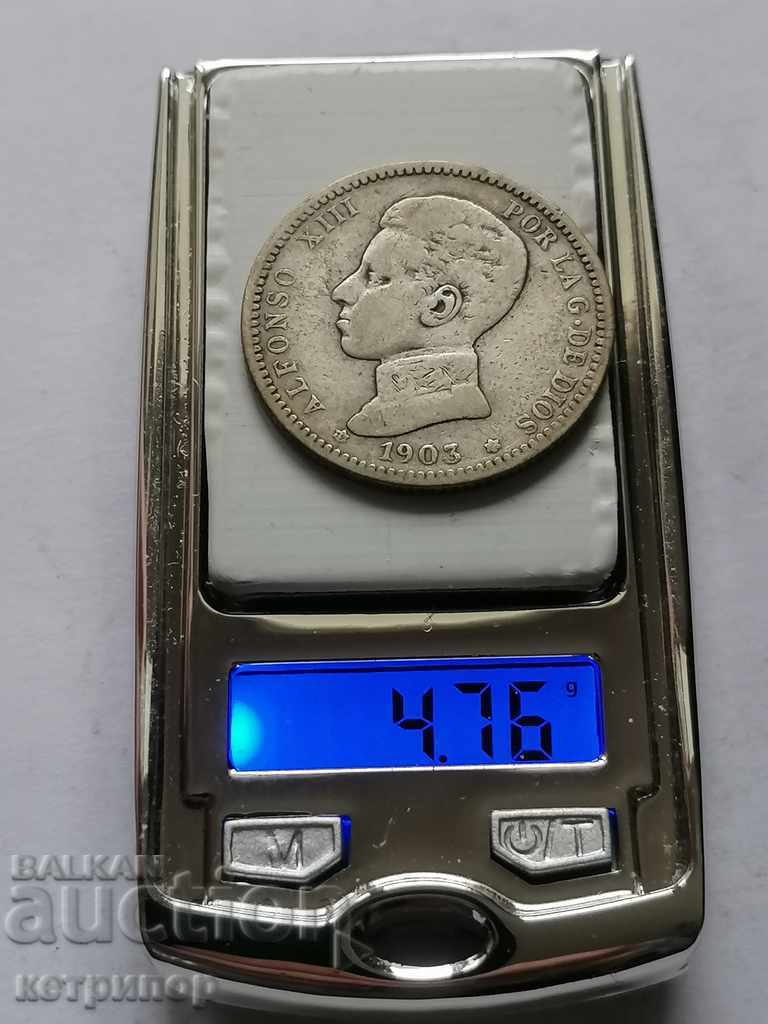 1 Peseta Spain silver 1903 with price 15.00 BGN | € 7.67 1 Peseta Spain silver 1903 with price 15.00 BGN | € 7.67