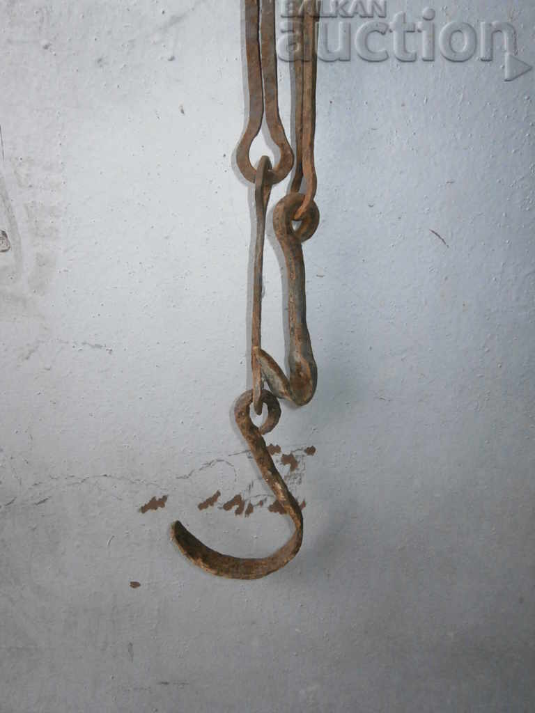 Auction Old forged chain with hook, hearth for hearth chain hook Auction Old forged chain with hook, hearth for hearth chain hook