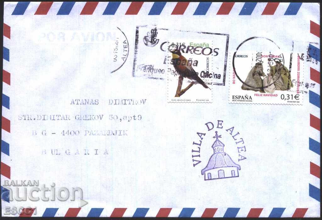 Plic călătorit cu timbre Crăciun Fauna Bird 2008 din Spania