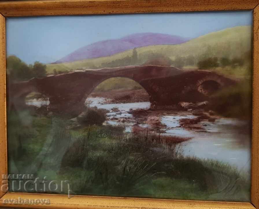 Auction Picture Landscape Old Bridge 1950s enamel Auction Picture Landscape Old Bridge 1950s enamel