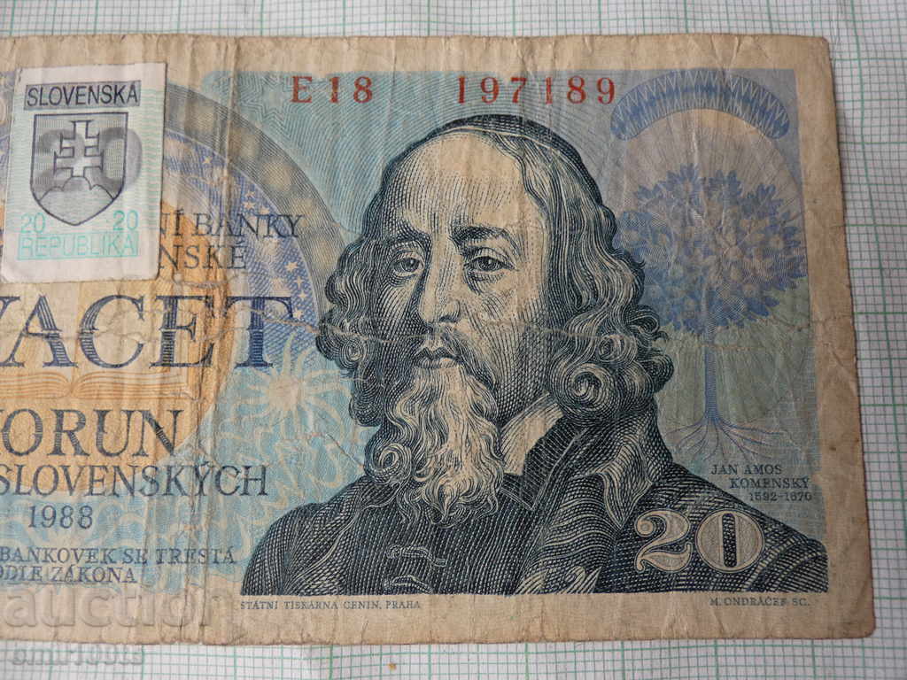 Auction 20 kroner 1988 Czechoslovakia with countermark of Slovakia Auction 20 kroner 1988 Czechoslovakia with countermark of Slovakia
