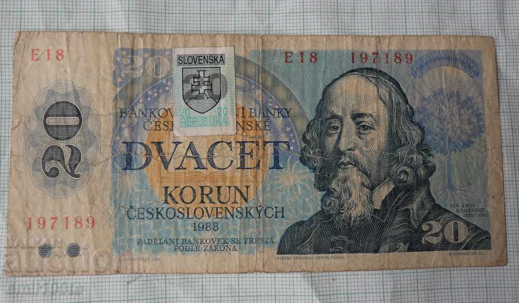 20 kroner 1988 Czechoslovakia with countermark of Slovakia