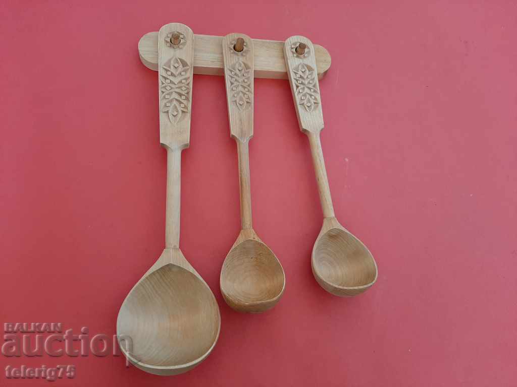 Set of Old Wooden Spoons with Wood Carving