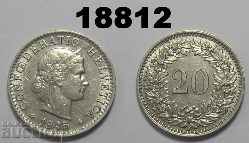 Elveția 20 rapen 1945 Monedă rară