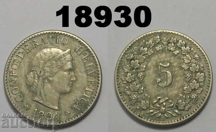 Moneda Elveția 5 rapen 1894 XF