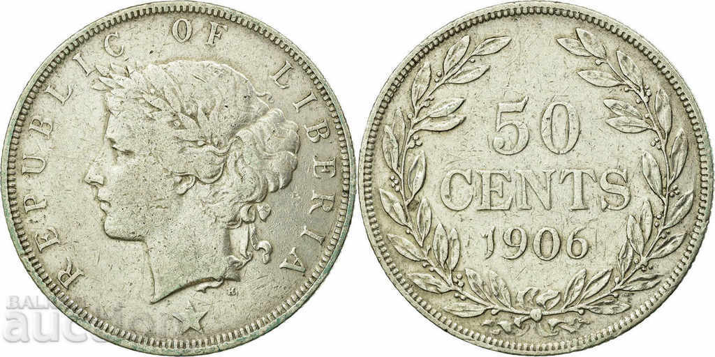 Moneda de argint africană rară de 50 de cenți din 1906 din Liberia