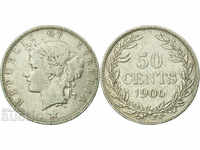 Либерия 50 цента 1906 рядка африканска сребърна монета