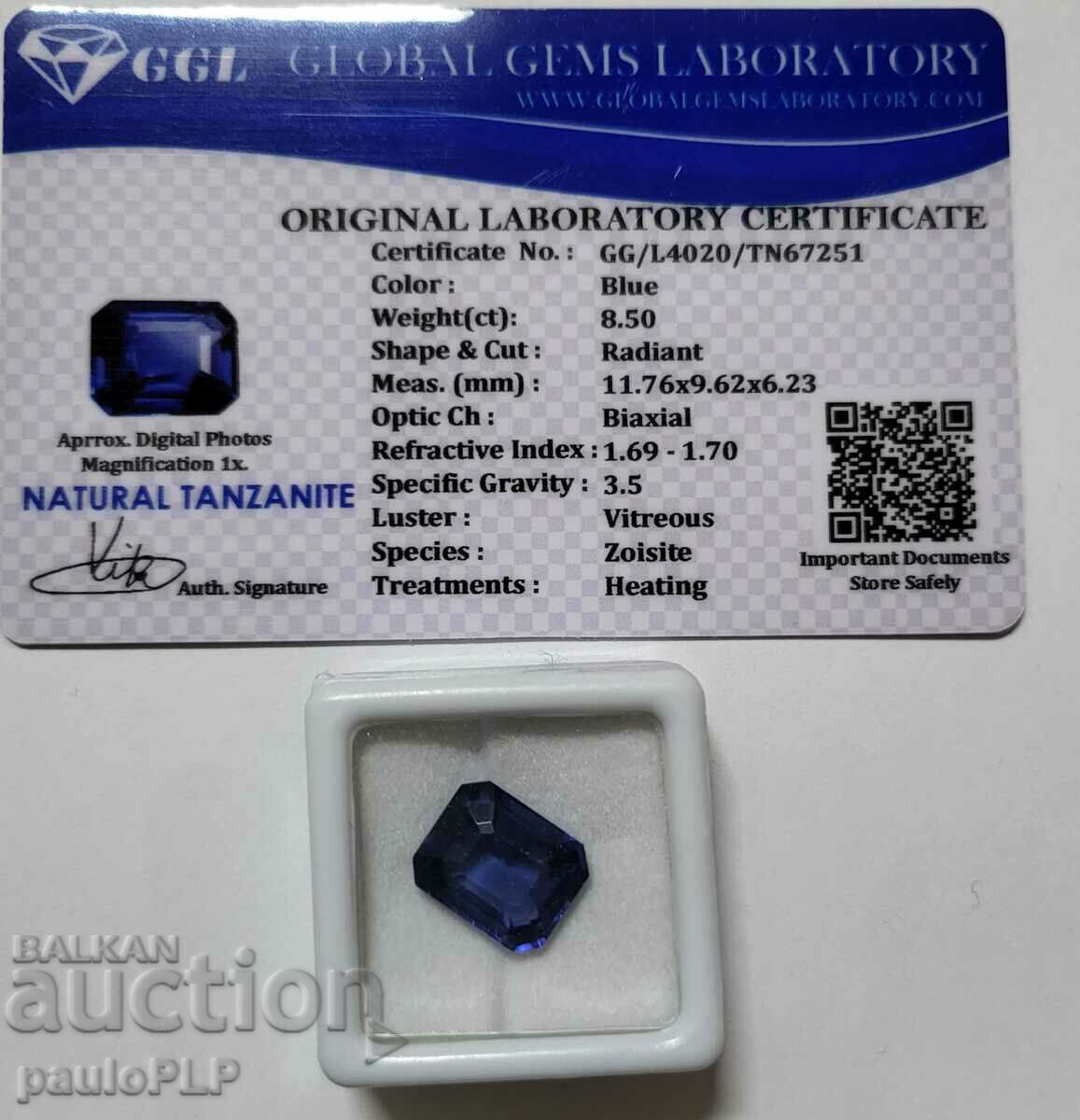 Auction Tanzanite 8.50 ct. Certified. Auction Tanzanite 8.50 ct. Certified.