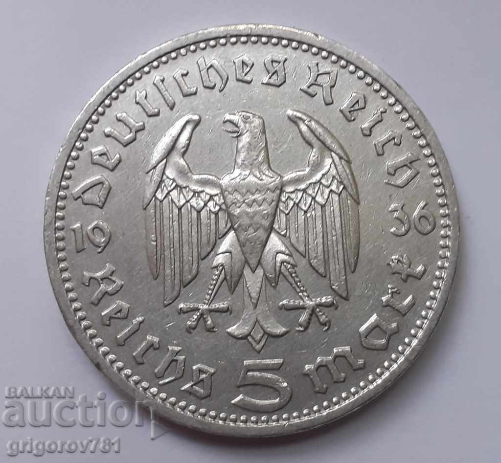 Moneda de argint 5 marci Germania 1936 D III Reich #57