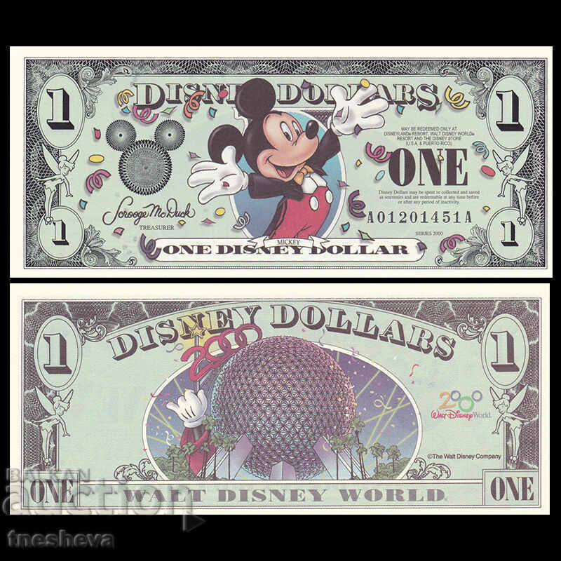 DISC 1 δολάριο, 2000, σειρά A, UNC Fantasy Banknote Mickey