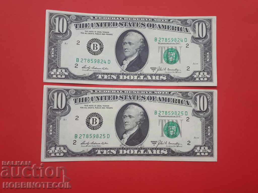 USA USA 2 x 10 $ PAIR OF CONSECUTIVE ISSUE ISSUE 1969 A aUNC UNC