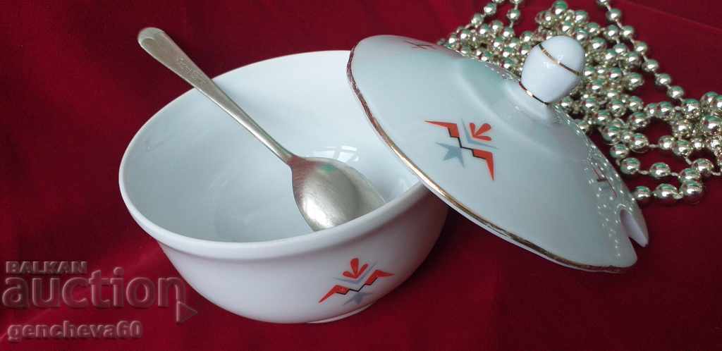 Auction  Fine porcelain sugar bowl and silver spoon